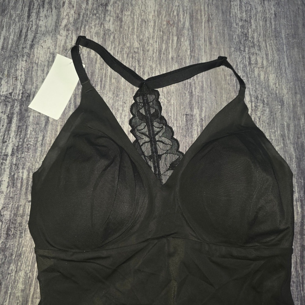 True & Co Womens Black Lace Racerback Thong Bodice Molded Cups TR32325T Small - Picture 2 of 5